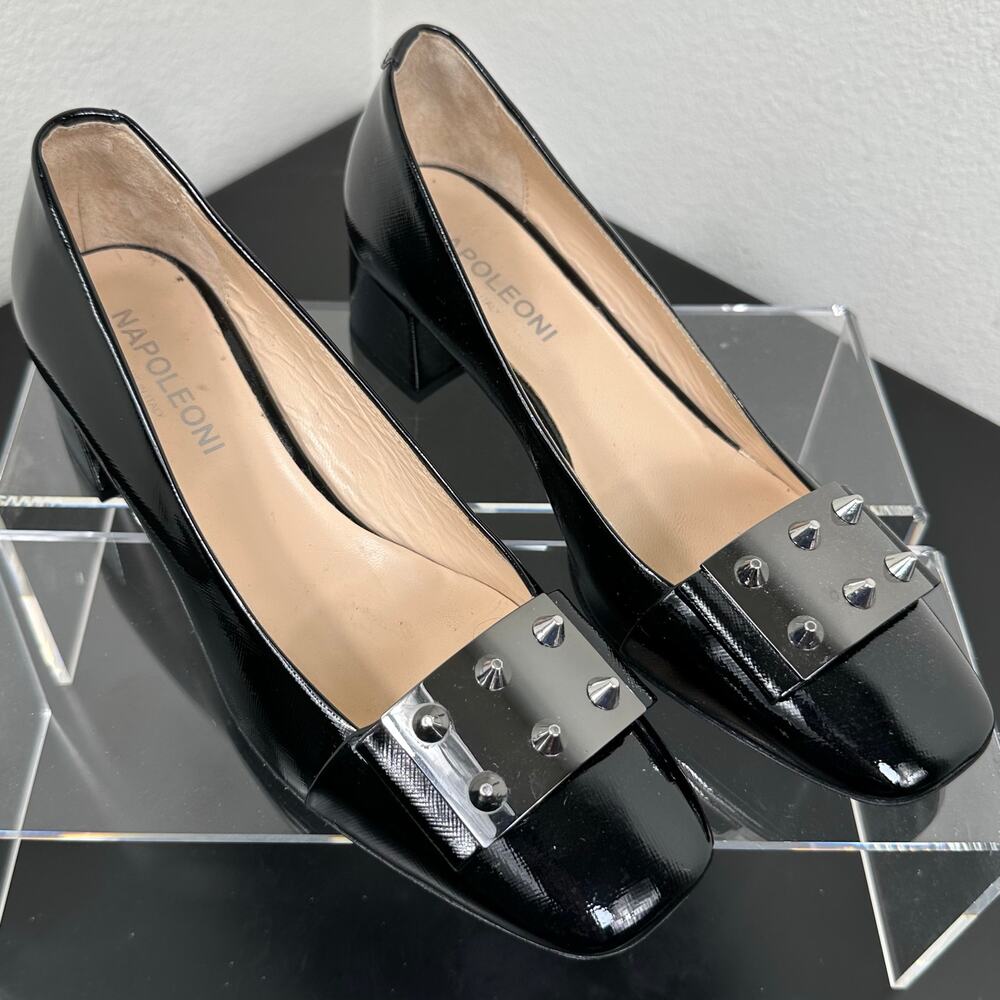 Napoleoni Women Black Patent Studded Block Heel Pumps Size 9 Preowned